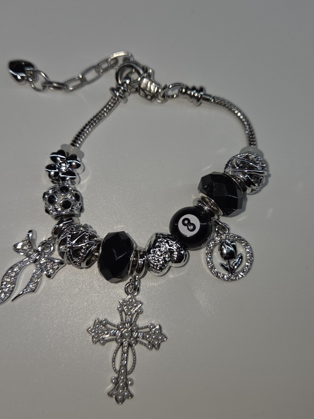 Silver and Black Charm Cross Bracelet - Pandora Style W/ext